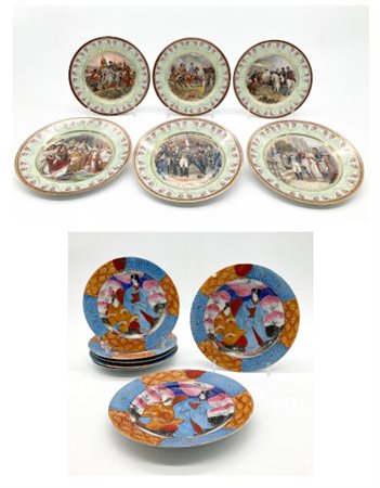 Cartone contenente otto piatti di manifattura giapponese e sei piatti con scene