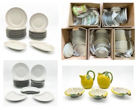 Cinque cartoni contenenti parti di servizio in ceramica e porcellana di diversa