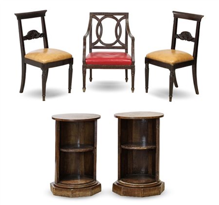 Lotto composto da poltrona e coppia di sedie con schienali a giorno unite a cop