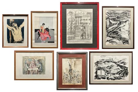Lotto composto da sette tra tecniche miste e disegni su carta di soggetto, auto