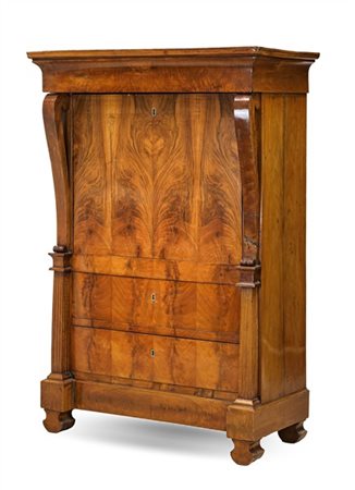 Secretaire in noce e radica di noce, fronte a due cassetti, calatoia celante sc