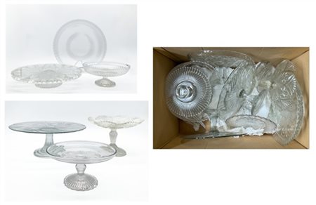 Numerose alzate in vetro molato e pressato di diversa misura e foggia in un car