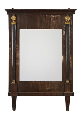 Piccola specchiera in legno tinto mogano con montanti ebanizzati e testa di erm
