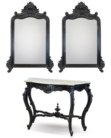 Lotto composto da console e coppia di specchiere in legno intagliato ed ebanizz