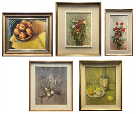 Lotto composto da quattro oli su tela e uno su cartone telato, raffiguranti fio