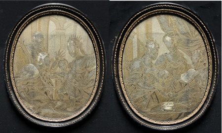 Manifattura del secolo XVIII. Coppia di ricami in seta a punto lanciato a due c