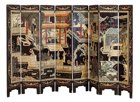 Paravento a otto ante in legno scolpito con decoro floreale, rami fioriti e vol