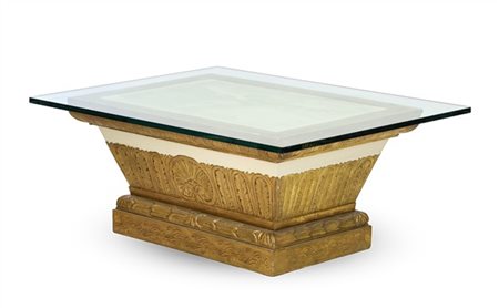 Tavolino da salotto con sostegno in legno dipinto e dorato decorato a foglie, p