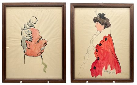 Antonio Negri Coppia di tecniche miste su carta raffiguranti un ritratto virile