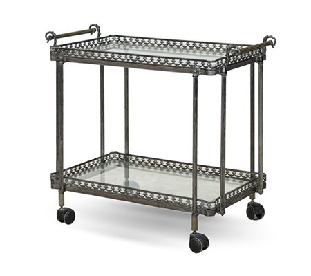Carrello portavivande a due ripiani in metallo argentato con bordure a ringhier