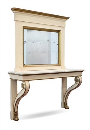 Console con specchiera in legno laccato e dorato, gambe anteriori a voluta con