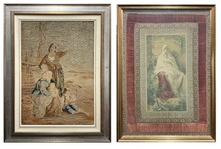 Lotto composto da un pannello a piccolo punto con figure (cm 74x52) in cornice