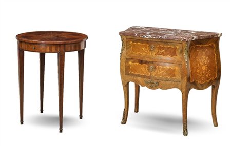 Lotto composto da tavolino bouillotte impiallacciato in legni vari con piano ci