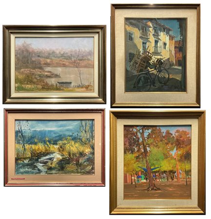 Lotto composto da quattro oli su tela e due su compensato raffiguranti paesaggi