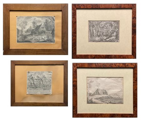 Lotto composto da quattro stampe, di cui due raffiguranti "Paesaggi", una a sog