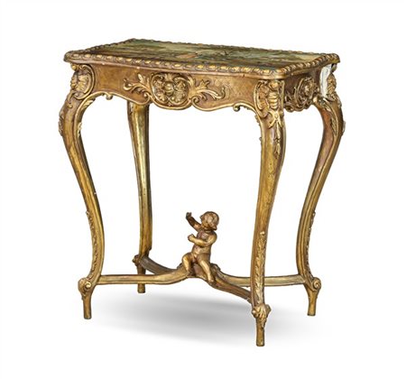 Tavolino da salotto in legno e pastiglia dorata con piano di forma sagomata dip