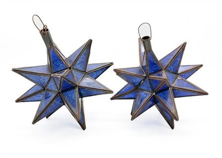 Coppia di lampade a sospensione a stella in metallo e vetro blu (h cm 34) (dife