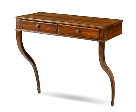 Console a mensola in ciliegio con due cassetti nella fascia e gambe a volute. V