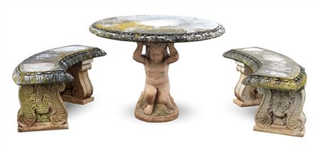 Set da giardino in marmi vari scolpiti composto da coppia di panche e tavolo; p