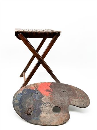 "Tavolozza e sgabello da lavoro del pittore Donato Frisia" 
 
in cornice (difet