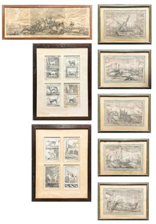 Lotto composto da numerose antiche incisioni di cui cinque con vedute portuali,