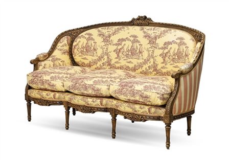 Divano a tre posti in stile Luigi XVI in legno intagliato con rivestimento in t