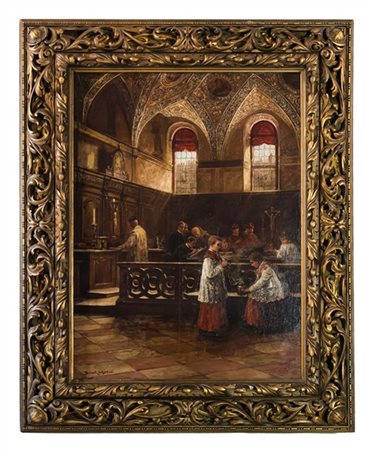 Lajos Bruck "Interno di chiesa con ecclesiastici" 
olio su tela (cm 110x80)
firm