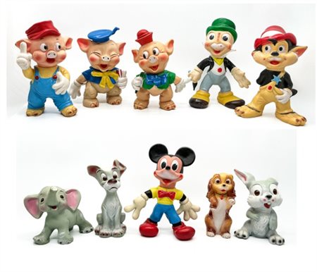 Walt Disney 
Gruppo di dieci diversi pupazzi in gomma. Produzione Ledraplastic,