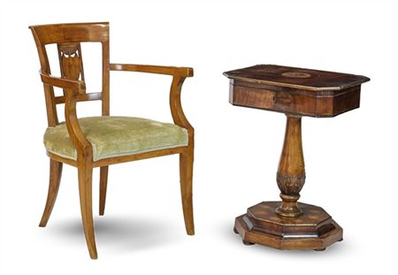 Lotto composto da una poltrona con schienale traforato a cartella con scudo e t