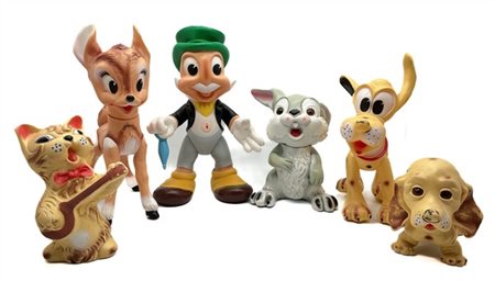 Walt Disney 
Gruppo di sei diversi pupazzi in gomma tra cui Pluto, Grillo Parla