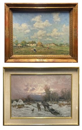 Ivan Karpoff Lotto composto da due oli su tela raffiguranti "Paesaggi russi" (cm