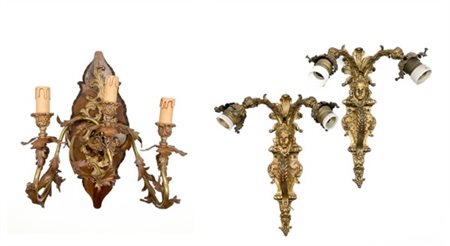 Lotto composto da coppia di applique a due luci in bronzo dorato con bracci e a