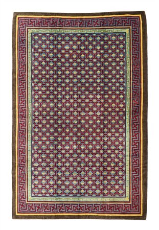 Tappeto Nepal, recente manifattura. Decoro a griglia nei toni dell'azzurro e be