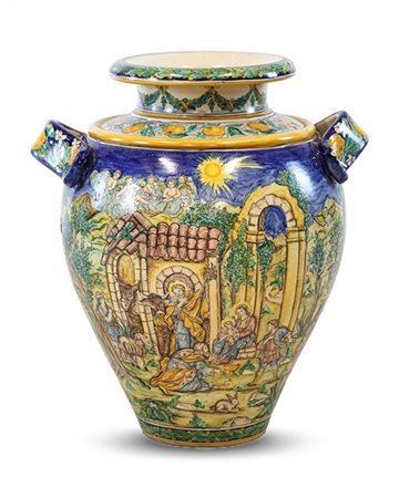 Manifattura di Caltagirone, secolo XX. Grande vaso biansato in maiolica dipinta