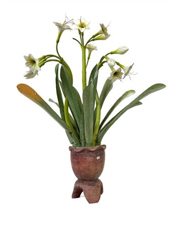 Modello botanico in legno dipinto in policromia a forma di vaso con ceppo di gi