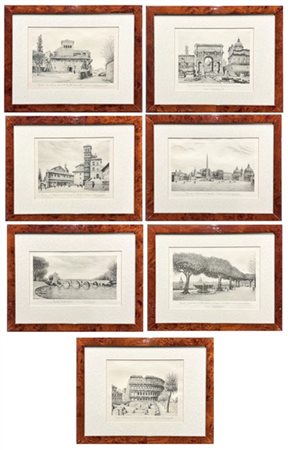 Lotto composto da sette riproduzioni a stampa raffiguranti Scorci romani da dis