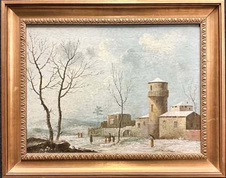 Ignoto del secolo XIX

"Paesaggio innevato con castello e figure"
olio su tela