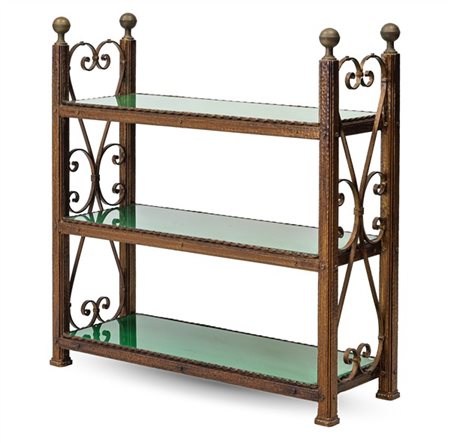 Étagère in ferro battuto e altri metalli a tre ripiani in vetro, montanti termi