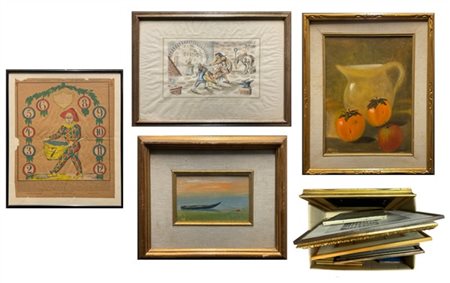 Cartone contenente numerose stampe, olii e riproduzioni realizzati in tecniche