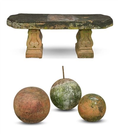 Lotto composto da un panca da giardino in terracotta (cm 114x48x40) e tre sfere