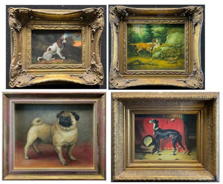 Lotto composto da quattro dipinti raffiguranti cani di varie razze su supporti
