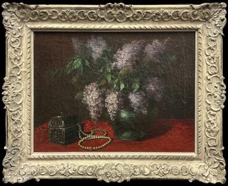 Roberto Alberto Rampazzini "Composizione con fiori di glicine, scrigno e collana