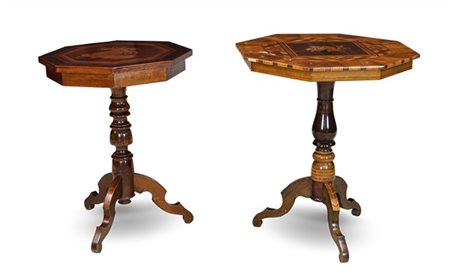 Lotto composto da due tavolini con piano ottagonale in legni vari, uno centrato