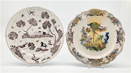Manifatture diverse, secolo XVIIII. Lotto composto da un piatto in maiolica a p