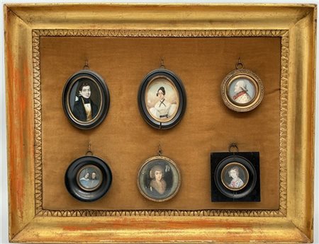 Autori vari, secolo XIX. Gruppo di sei miniature su avorio e carta raffiguranti