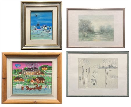 Lotto composto da due dipinti naif e due stampe di diversi autori, soggetti e m