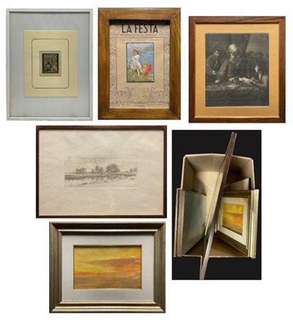 Cartone contenente un olio su tela di Gino Viviani (cm 20x30) quattro grafiche