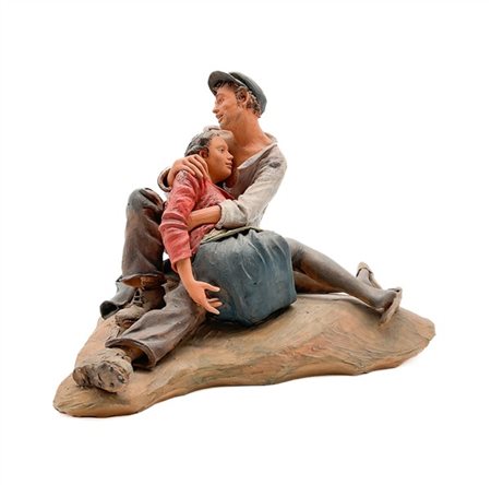 Artista del secolo XX, Scena romantica, scultura in terracotta policroma, firma