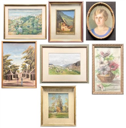 Lotto composto da tre dipinti ad olio e quattro tecniche miste di diversi autor