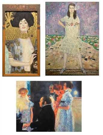 Tre falsi d'artista da Gustav Klimt. Oli su tela (cm 150x110, cm 80x100 e cm 78